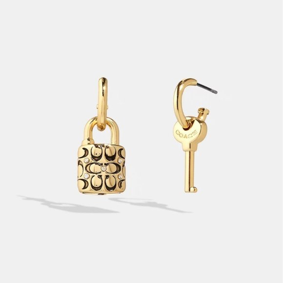 COACH Earrings Quilted Padlock Key Mismatch Earrings Gold Signature Logo - Picture 3 of 12